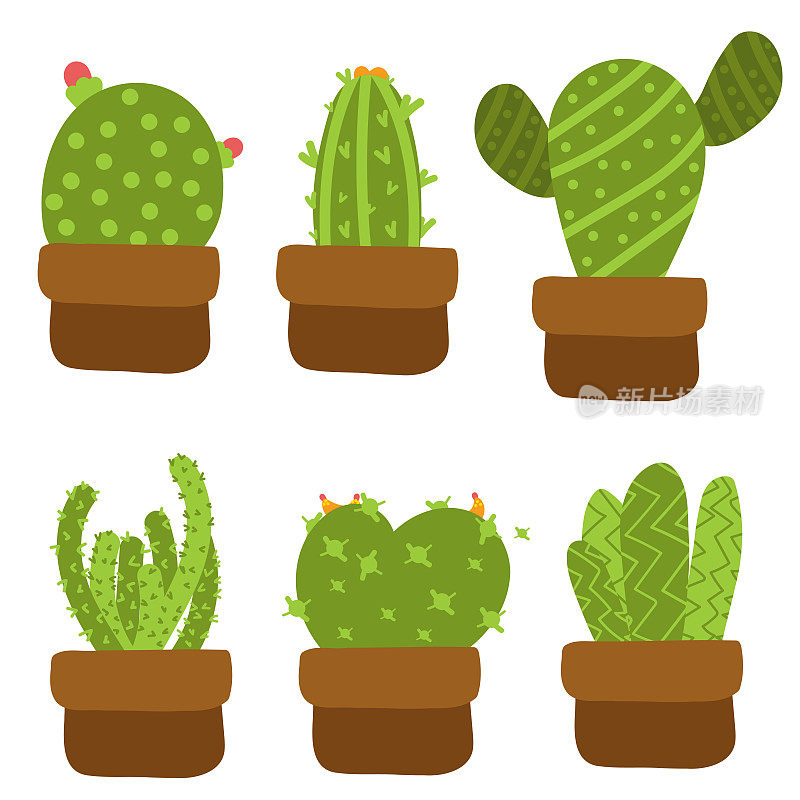 Hand drawn set of different cactus